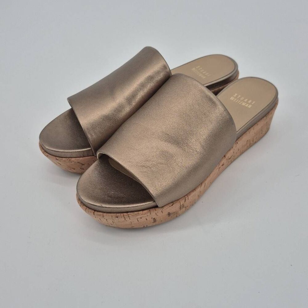 Stuart Weitzman Metallic Gold Wedge Cork Sandals Size 8.5